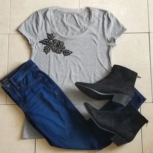 Ann Taylor Short Sleeve Shirt with Beaded Flower Accent